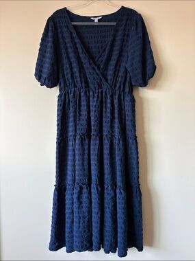 Ophelia Roe Textured Navy Tiered Maxi Dress with Puff Sleeves